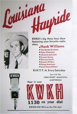 old flyer for the Louisiana Hayride sponsored by a radio station depicting a country singer and a microphone