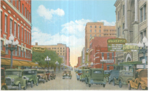 old postcard depicting a vibrant downtown scene and featuring the Majestic Theatre